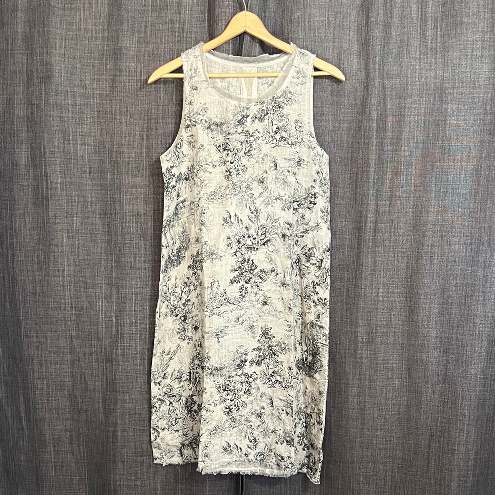 Sanctamuerte size small midi length linen dress beige and black sleeveless